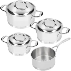 Demeyere - 4 Delige Pannenset (Kookpan ø 16 / 18 / 20 Cm + Steelpan ø 16 Cm) + Deksels Atlantis 7 - RVS